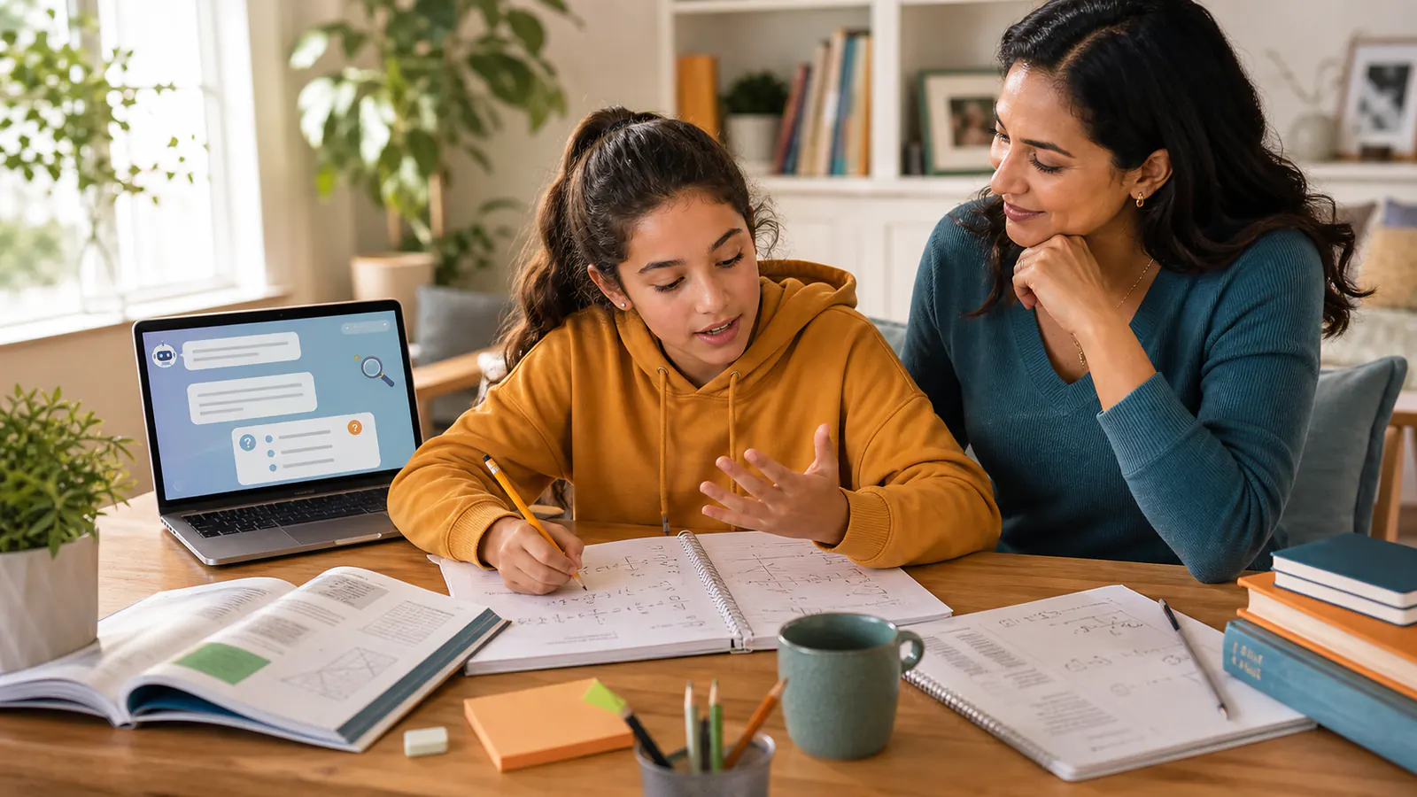 Parent guiding a student who uses an AI homework assistant while solving work independently