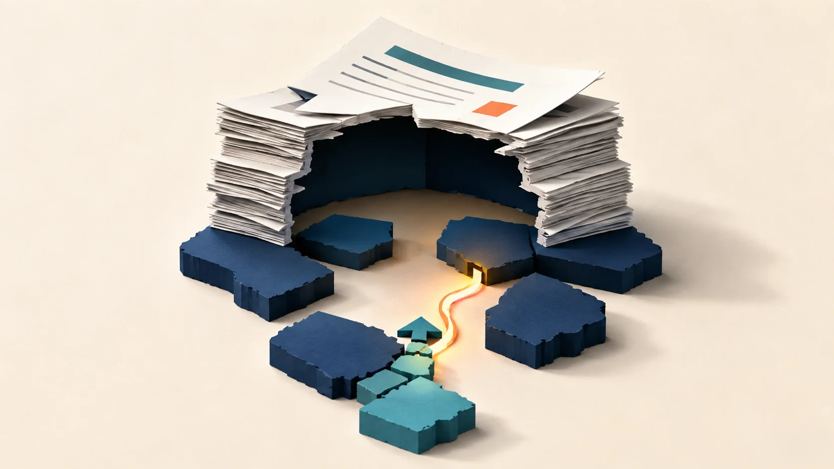 Conceptual illustration of completed homework resting above disconnected learning foundations
