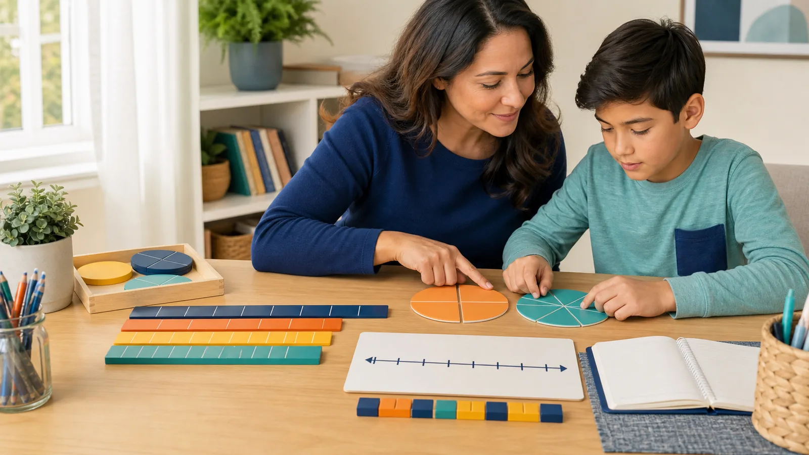 Parent helping a child understand fraction circles, fraction strips, and a number line