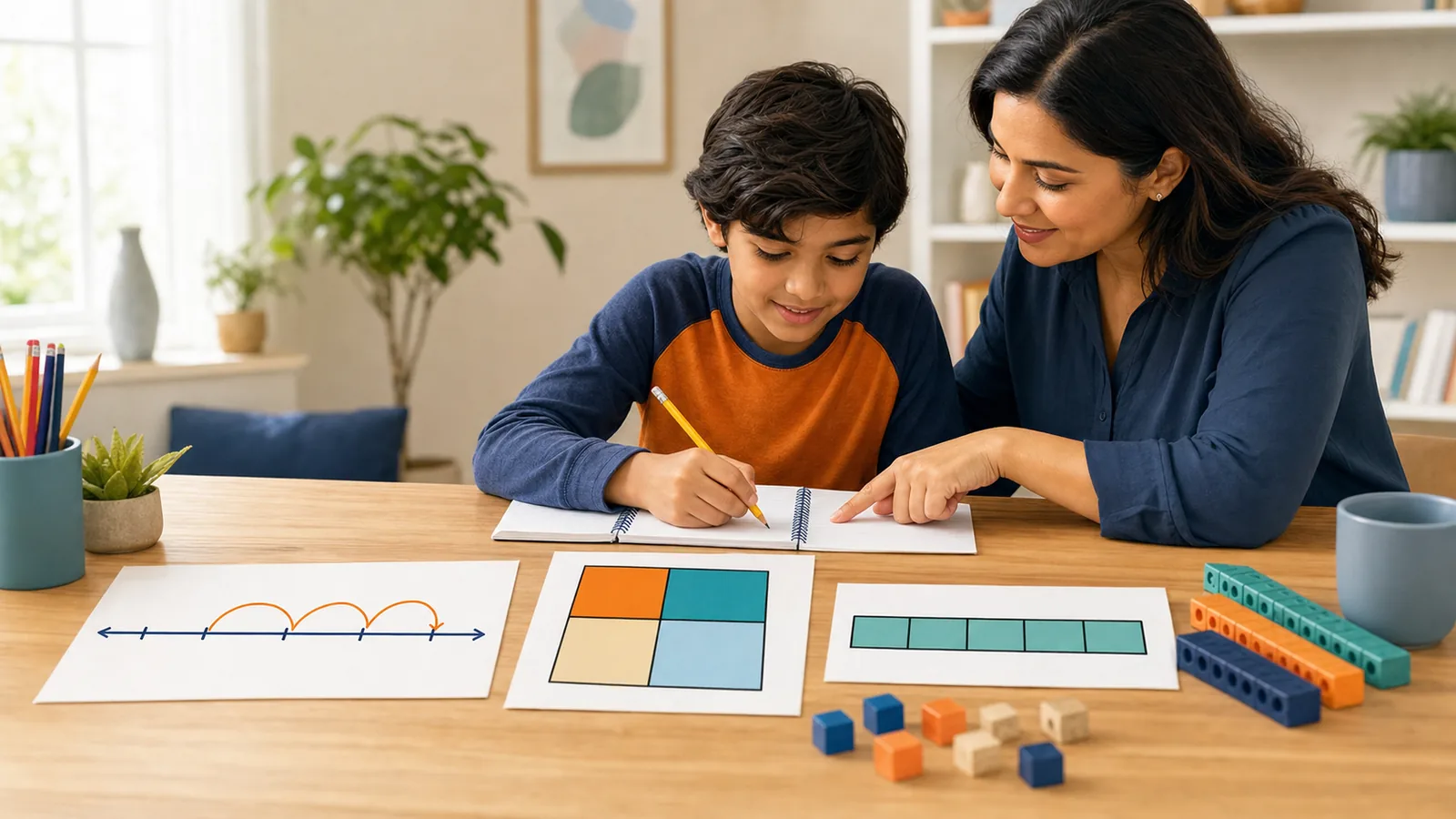 Parent helping a child use a number line, area model, and bar model for Common Core math