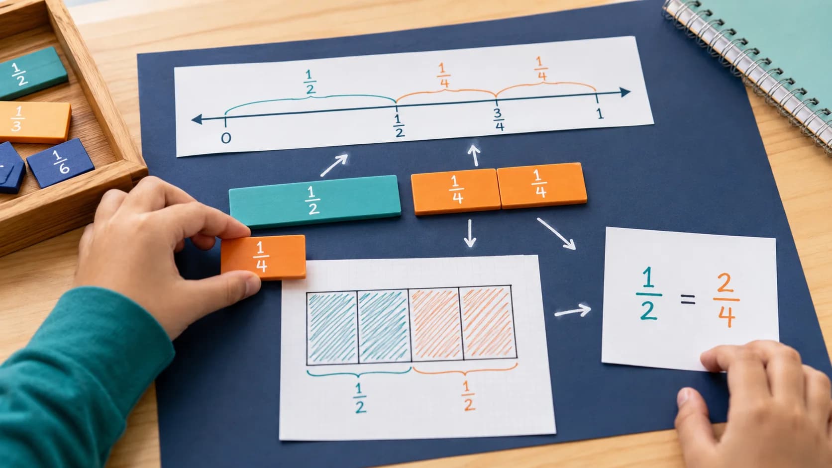 Fraction tiles, number line, area model, and equation connected to show mathematical understanding