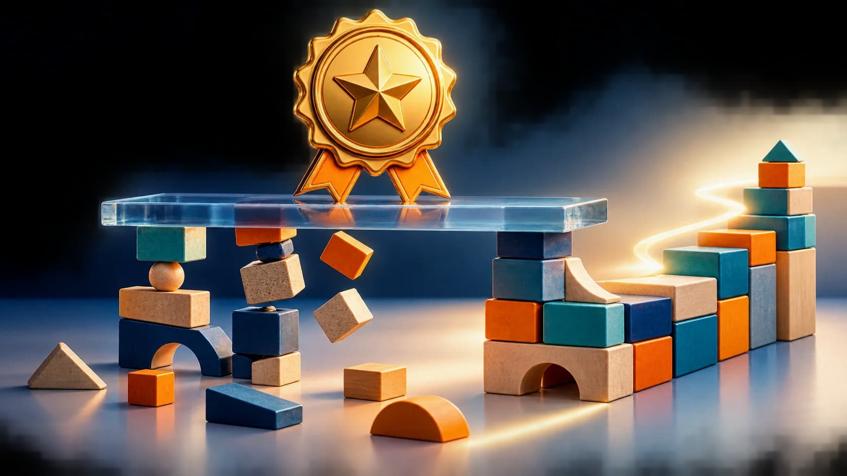 Achievement badge above unstable blocks contrasted with a path toward strong math foundations