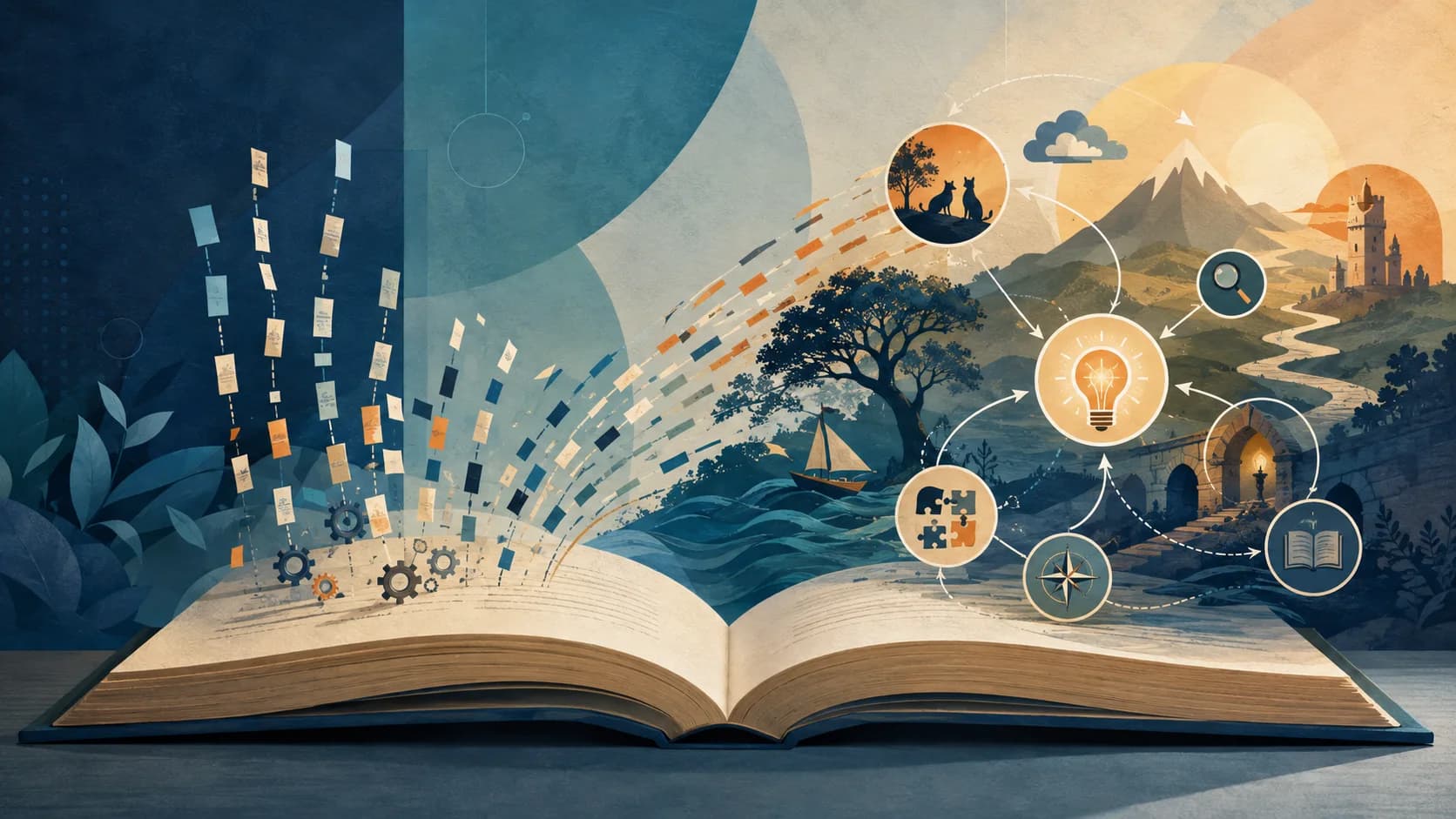 Open book transforming isolated words into connected ideas, evidence, and meaning