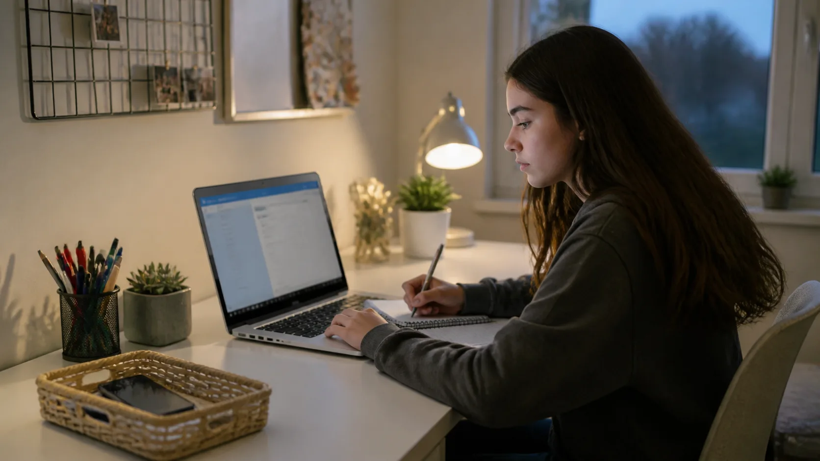 Student working through homework during a phone-free focus block