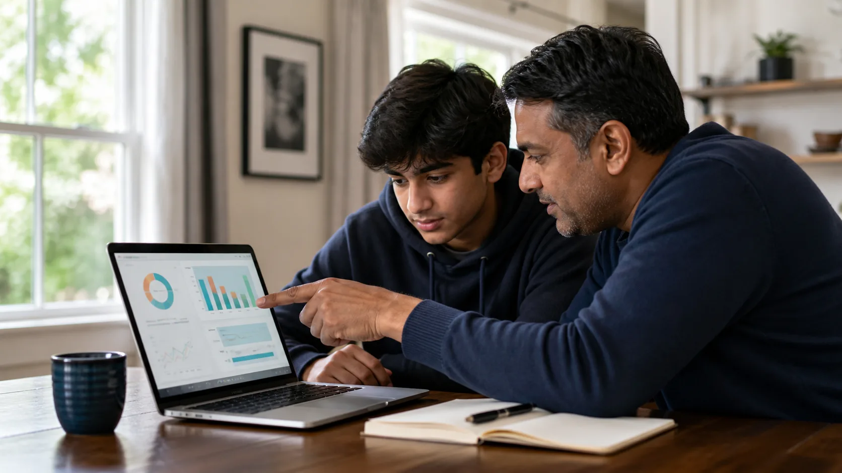 Parent and high school student reviewing a PSAT score report and SAT plan