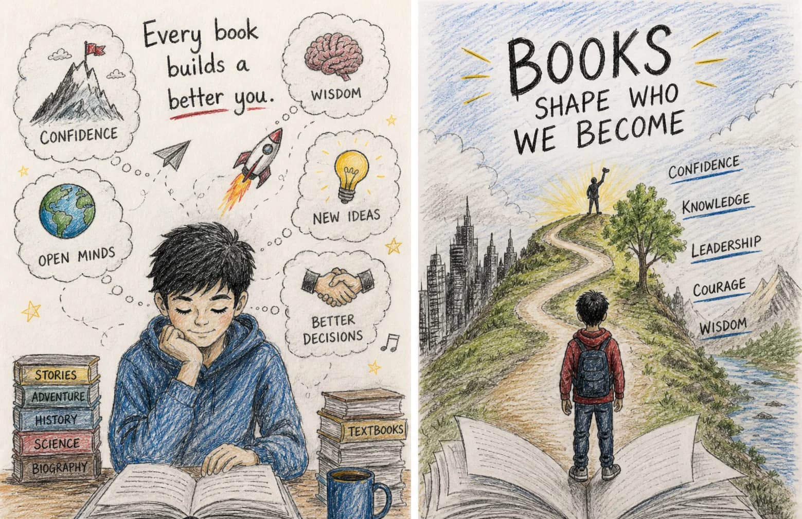 Two hand-drawn illustrations showing how reading builds confidence, wisdom, knowledge, courage, leadership, and new ideas