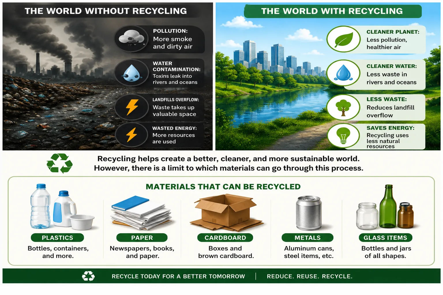 Recycling infographic showing environmental benefits and recyclable materials