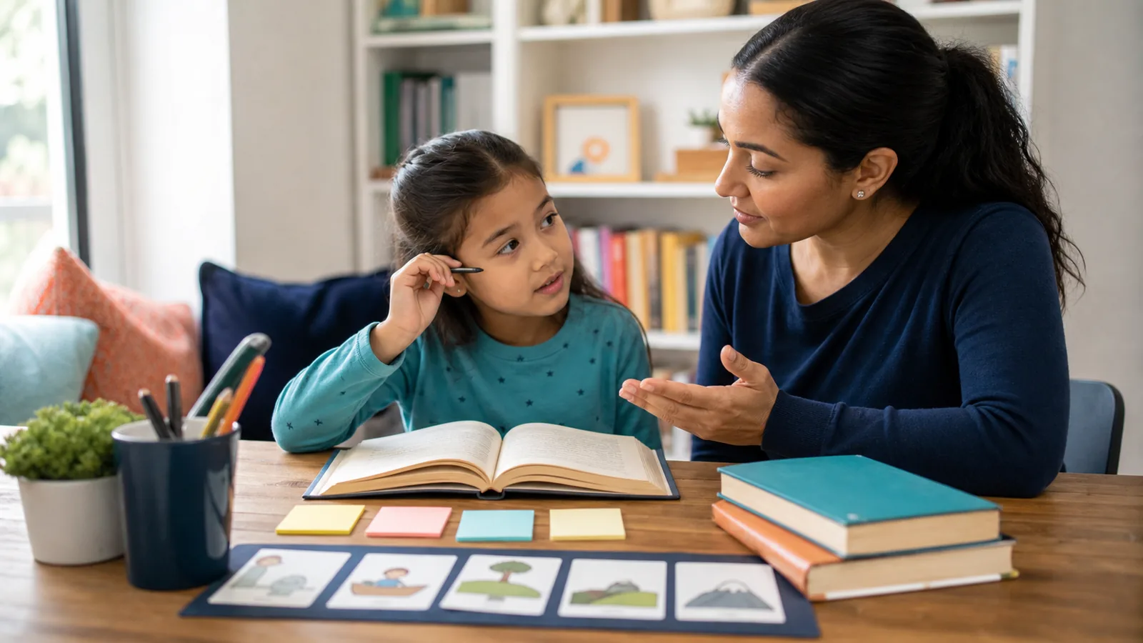 Parent asking a child questions about an open book to strengthen reading comprehension