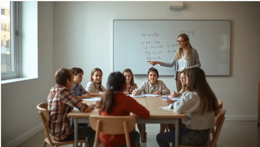 A math teacher leading a small-group tutoring session with students around a table in a bright classroom.